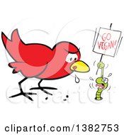 Cartoon Hungry Early Red Bird Drooling And Eyeing A Scared Worm That Is Pleading And Holding A Go Vegan Sign