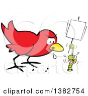 Cartoon Hungry Early Red Bird Drooling And Eyeing A Scared Worm That Is Pleading And Holding A Sign