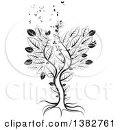 Black And White Abstract Tree With Leaves Flying Away