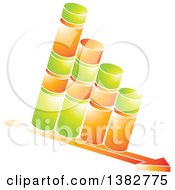 Clipart Of A 3d Green And Orange Shiny Bar Graph Made Of Cylinders On A Decline Arrow Royalty Free Vector Illustration by MilsiArt