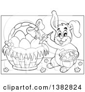 Poster, Art Print Of Black And White Lineart Happy Easter Bunny Rabbit Painting Eggs In A Basket