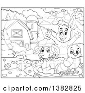 Poster, Art Print Of Black And White Lineart Rabbit Chick And Lamb In A Barnyard