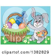 Clipart Of A Happy Gray Easter Bunny Rabbit Painting Eggs In A Basket Royalty Free Vector Illustration
