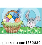 Poster, Art Print Of Happy Gray Easter Bunny Rabbit Peeking Over A Hill At A Basket Of Eggs