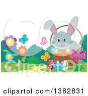 Poster, Art Print Of Happy Gray Easter Bunny Rabbit In A Basket Of Eggs With Spring Flowers And Butterflies
