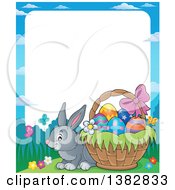 Poster, Art Print Of Happy Gray Easter Bunny Rabbit By A Basket Of Eggs