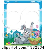 Poster, Art Print Of Border Of A Happy Gray Easter Bunny Rabbit Leaning Against A Basket Of Eggs