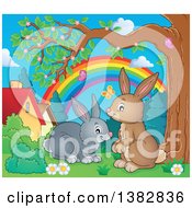 Poster, Art Print Of Happy Brown And Gray Bunny Rabbits In A Yard
