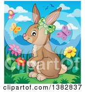 Clipart Of A Happy Brown Bunny Rabbit Wearing A Bow Surrounded By Spring Butterflies Royalty Free Vector Illustration