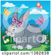 Clipart Of A Happy Gray Bunny Rabbit Wearing A Bow Surrounded By Spring Butterflies Royalty Free Vector Illustration