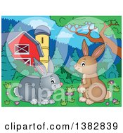 Poster, Art Print Of Happy Brown And Gray Bunny Rabbits In A Barn Yard