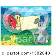 Poster, Art Print Of Happy Gray Bunny Rabbit Holding A Blank Sign In A Barn Yard