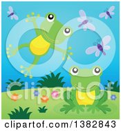 Poster, Art Print Of Happy Green Frogs Leaping And Jumping On A Hill