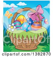 Poster, Art Print Of Basket Of Easter Eggs Outdoors With Butterflies
