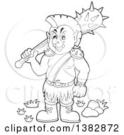 Clipart Of A Black And White Lineart Orc Holding A Club Over His Shoulder Royalty Free Vector Illustration