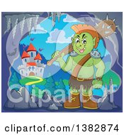 Poster, Art Print Of Green Orc Holding A Club Over His Shoulder In A Cave Near A Castle