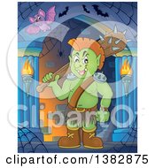 Clipart Of A Green Orc Holding A Club Over His Shoulder In A Hallway Royalty Free Vector Illustration by visekart