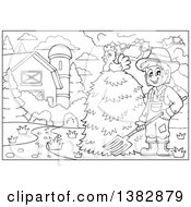 Poster, Art Print Of Black And White Lineart Farmer Raking Hay In A Barn Yard A Hen On Top Of The Stack