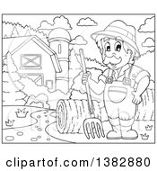Poster, Art Print Of Black And White Lineart Male Farmer With Hay In A Barnyard