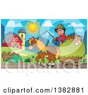 Poster, Art Print Of Farmer And Dog Riding On A Hay Cart Drawn By A Horse In A Cart
