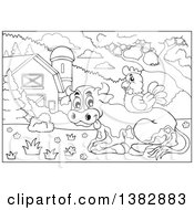 Clipart Of A Black And White Lineart Chicken On A Cow In A Barnyard Royalty Free Vector Illustration