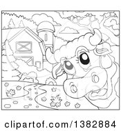 Clipart Of A Black And White Lineart Cow Looking Around The Corner In A Barn Yard Royalty Free Vector Illustration by visekart