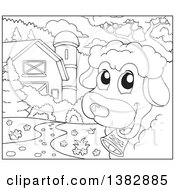 Poster, Art Print Of Black And White Lineart Sheep Looking Around The Corner In A Barn Yard
