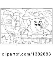Poster, Art Print Of Black And White Lineart Happy Pig Looking Over A Fence In A Barnyard