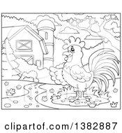 Poster, Art Print Of Black And White Lineart Rooster In A Barnyard