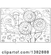 Poster, Art Print Of Black And White Lineart Barn Yard With Happy Sunflowers