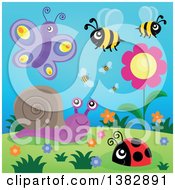 Poster, Art Print Of Butterfly Snail Ladybug And Bees Around Flowers On A Hill