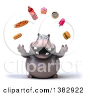 Clipart Of A 3d Henry Hippo Character Juggling Junk Food On A White Background Royalty Free Illustration by Julos