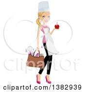 Poster, Art Print Of Blond Caucasian Chef Woman Carrying A Bag Of Utensils And Holding A Chocolate Dipped Apple In One Hand