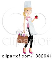 Clipart Of A Blond Caucasian Chef Woman Carrying A Bag Of Utensils And Holding A Chocolate Dipped Apple In One Hand Royalty Free Vector Illustration