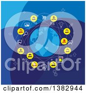 Poster, Art Print Of Social Network Globe With Business People And Icons On Blue