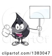 Cartoon Oil Drop Mascot Holding A Blank Sign And Pointing Outwards