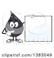 Cartoon Oil Drop Mascot Pointing To A Blank Sign