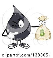 Cartoon Oil Drop Mascot Winking Holding And Pointing To A Money Bag