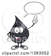 Cartoon Oil Drop Mascot Talking And Holding Up A Finger