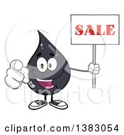 Cartoon Oil Drop Mascot Holding A Sale Sign And Pointing Outwards