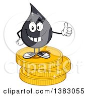 Cartoon Oil Drop Mascot Giving A Thumb Up And Standing On Coins