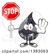 Cartoon Oil Drop Mascot Gesturing And Holding A Stop Sign