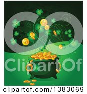 Clipart Of A Leprechauns Pot Of Gold With Shamrocks Over Green Waves Royalty Free Vector Illustration