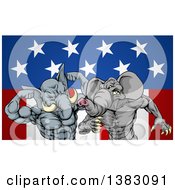 Poster, Art Print Of Aggressive Elephant Men Republican Candidates Fighting Over An American Flag