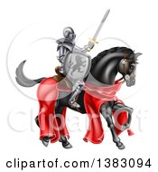 Poster, Art Print Of 3d Full Armored Medieval Knight On A Black Horse Holding Up A Sword And Shield