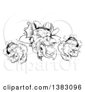 Clipart Of A Black And White Fierce Welsh Dragon Mascot Head Slashing Through A Wall Royalty Free Vector Illustration