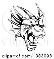 Poster, Art Print Of Black And White Roaring Horned Dragon Mascot Head