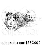 Black And White Womans Face With Butterflies Flowers And Vines In Her Hair