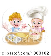 Cartoon Happy White Girl And Boy Making Pink Frosting And Star Shaped Cookies