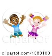 Poster, Art Print Of Happy And Excited Black Boy And White Girl Jumping